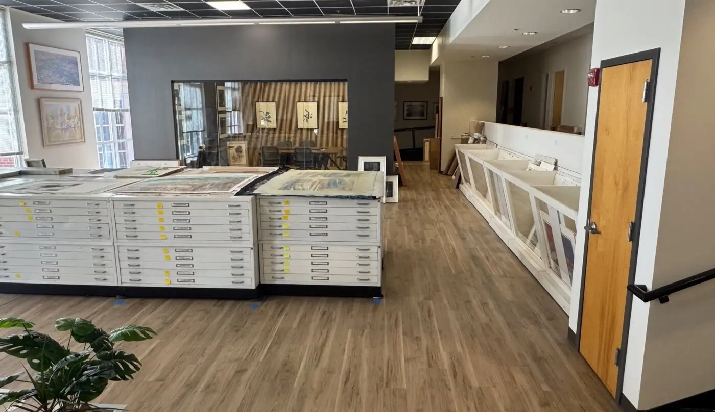 gallery with art storage bins