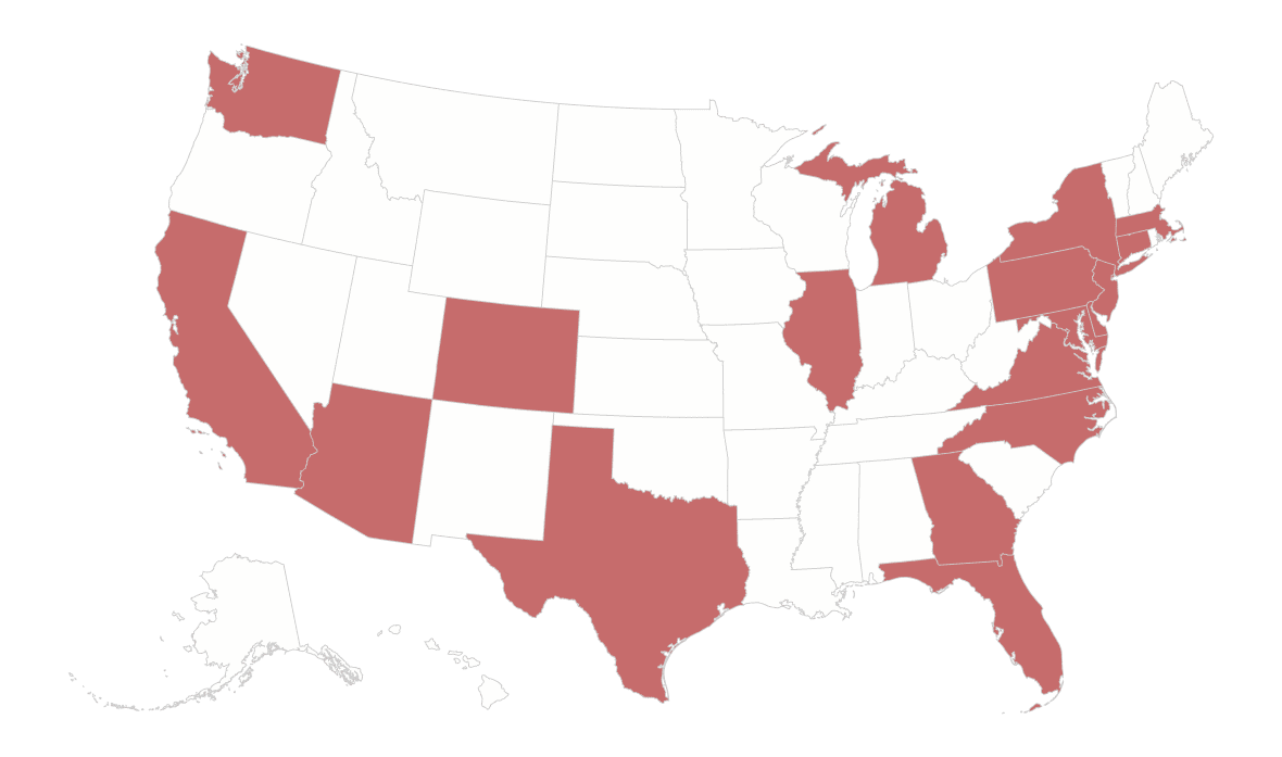 Map of the United States displaying states in red and white, highlighting regional differences or political affiliations.