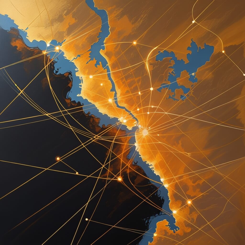A map of the United States featuring a network of interconnected lines representing various routes or connections.