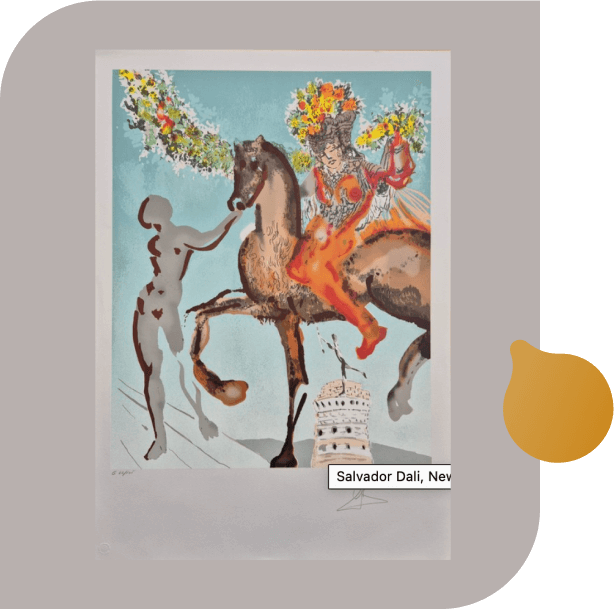 A painting depicting a woman riding a horse surrounded by vibrant flowers in a lush landscape.